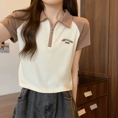 拼色设计感polo领短袖t恤女夏季2023年新款美式短款上衣别致chic商品大图