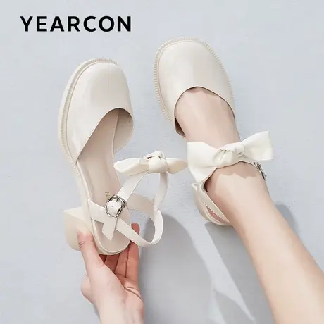 意尔康包头凉鞋女后空2023夏新款粗高跟方头气质玛丽珍单鞋小皮鞋商品大图