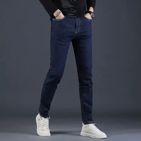 深蓝色秋冬牛仔裤男2022年新款常规厚修身小脚潮流百搭男士休闲裤商品大图