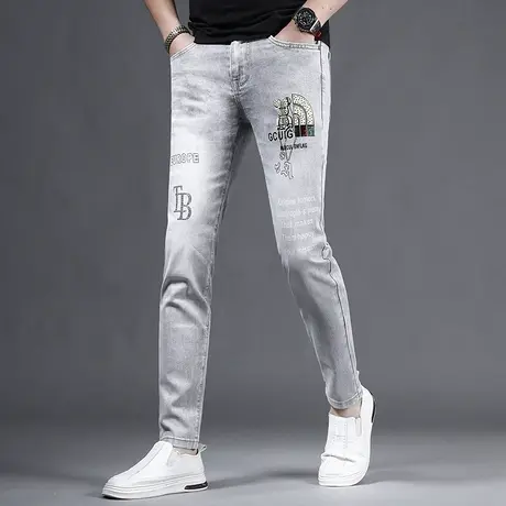 灰色牛仔裤男2023夏季新款潮牌时尚修身小脚男士烫钻弹力薄款裤子商品大图