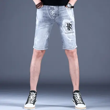 秋季潮流印花烫钻牛仔短裤男款弹力轻奢潮牌裤子夏天五分裤子中裤商品大图