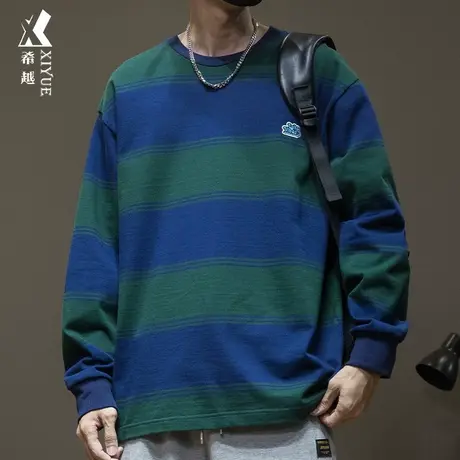 条纹长袖T恤男卫衣2023秋冬新款衣服男士宽松大码设计感小众上衣商品大图