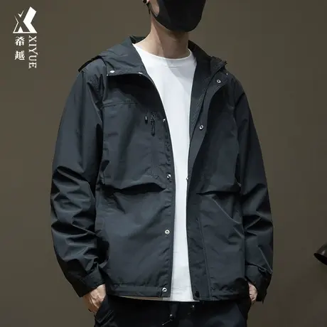 希越秋季日系户外防风冲锋衣男宽松大码山系ins拉链口袋连帽外套商品大图