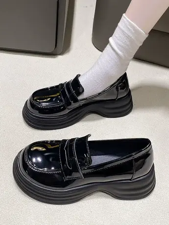 黑色厚底乐福鞋女2023新款复古英伦风百搭jk小皮鞋一脚蹬浅口单鞋商品大图