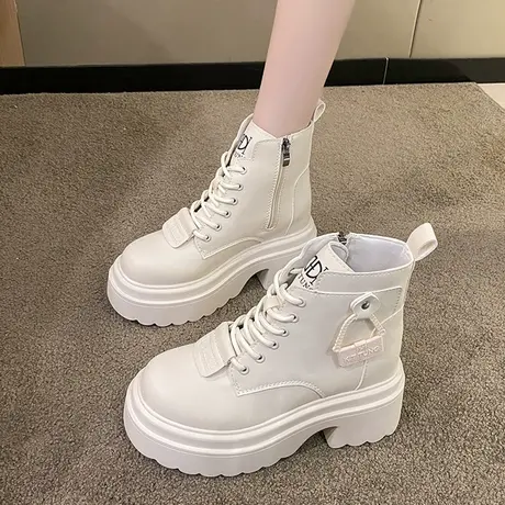 马丁靴女2023年秋冬新款前系带大黄靴小个子厚底内增高休闲短靴子图片