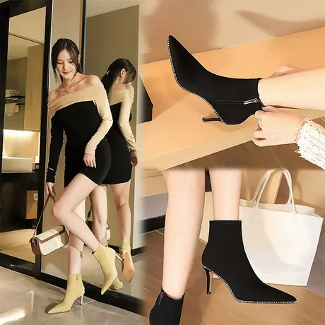 尖头高跟马丁靴女细跟2022年秋冬新款性感少女水钻百搭弹力瘦瘦靴商品大图