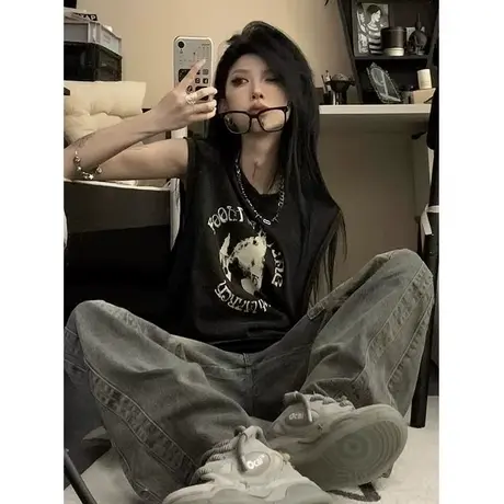 纯棉吊带运动坎肩背心无袖t恤女2024夏外穿美式复古宽松挂脖上衣图片