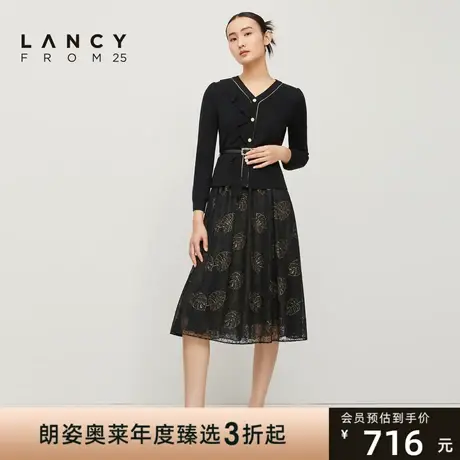 LANCY/朗姿女装秋季法式长袖假两件羊毛印花连衣裙女通勤职业图片