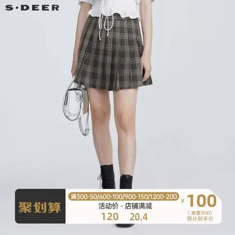 sdeer圣迪奥女装学院风休闲撞色格纹百褶短裙S21261304图片