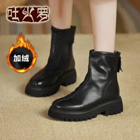 吐火罗女鞋2021秋冬季新款圆头手工加绒短靴复古民族风百搭马丁靴商品大图