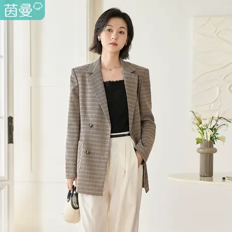 茵曼2023春女装新款通勤经典双排扣贴袋设计利落轻薄肩垫西装外套图片