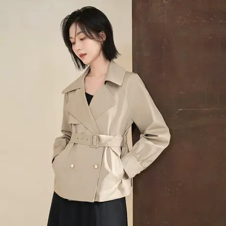 【商场同款】茵曼2023春女装新款气质通勤卡其灰腰带显瘦风衣外套图片
