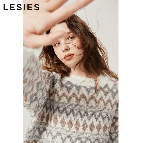 蓝色倾情 冬女装新款 两色加厚圆领宽松菱形格长款均码针织衫图片