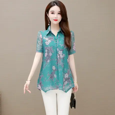 雪纺衬衫女2023夏装新款中年女士气质短袖小衫中长款宽松遮肚子女商品大图