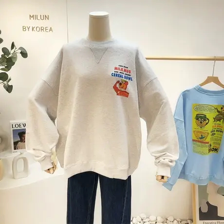 韩国东大门卫衣燕麦灰色2021秋季新款ins小熊印花卫衣学院风休闲图片