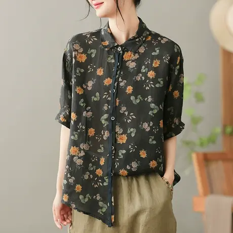 dza 复古苎麻女士衬衫2023夏季薄款印花衬衣气质百搭棉麻开衫上衣商品大图