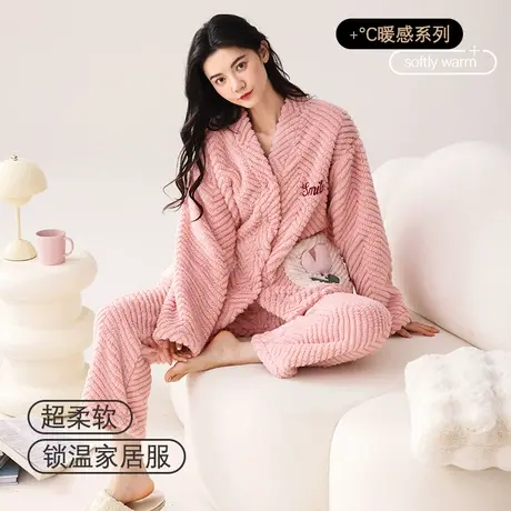 猫人珊瑚绒睡衣女士冬季加绒加厚学生甜美可外穿法兰绒家居服套装图片