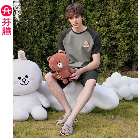 芬腾布朗熊睡衣男士夏季薄款短袖短裤套装青年男款休闲大码家居服商品大图