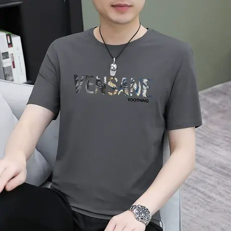 莫代尔冰丝t恤男士短袖夏季上衣服凉感速干半袖潮流印花圆领体恤商品大图