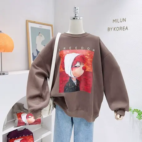 ins油画风加绒上衣秋冬款韩版银狐绒加厚宽松卫衣慵懒风休闲欧货图片