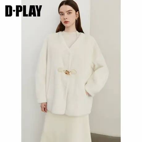 DPLAY冬季新款休闲白色V领搭扣气质宽松仿皮草大衣外套女图片