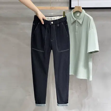 九分牛仔裤男士春秋薄款个性帅气直筒宽松哈伦裤原色蓝色长裤子男图片