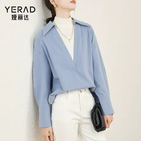 娅丽达设计感美拉德风v领衬衫女2023秋冬新款女装通勤宽松上衣商品大图