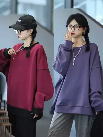 美式复古圆领拼接卫衣女秋季2023新款爆款慵懒风宽松显瘦长袖上衣商品大图