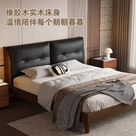 顾家家居头层牛皮双人高脚精致木制皮艺床DS9177B商品大图