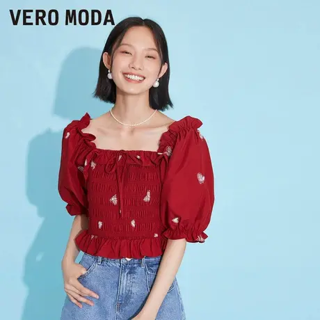 Vero Moda奥莱夏季清仓甜美减龄泡泡袖印花气质五分袖百搭上衣女图片