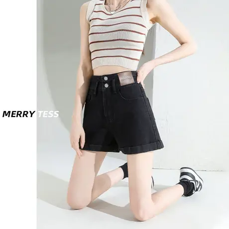 黑色卷边阔腿牛仔裤女夏季2023年新款设计感高腰显瘦百搭辣妹热裤图片