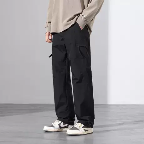 美式高街工装裤男夏季潮流机能冲锋裤宽松直筒黑色休闲运动长裤子商品大图