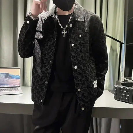 皮衣外套男2023秋季新款格子潮牌满印宽松痞帅翻领工装潮流夹克商品大图