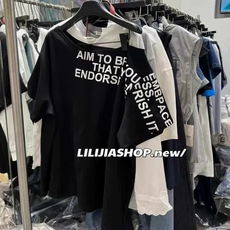 韩国东大门夏季新款时尚百搭显瘦斜肩字母印花短袖t恤女露肩上衣商品大图