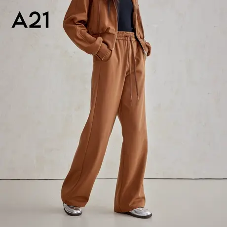 A21女装高腰阔腿长针织裤2025新款中长款休闲裤时尚黑色显瘦裤子图片