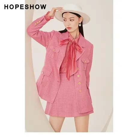 红袖outlets正肩短外套hopeshow2022春季新款女装单排扣翻领上衣商品大图