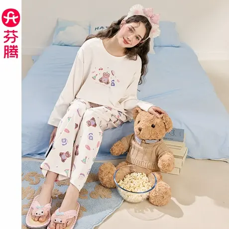 芬腾女士睡衣纯棉春秋季长袖套装韩版可爱少女休闲大码全棉家居服商品大图