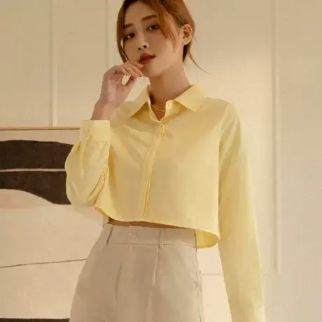 桔熊春季港味不易皱时髦短款长袖衬衫露腰上衣女胖mm大码AB18011图片