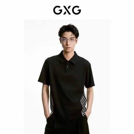 【X】GXG男装条纹拼接设计时尚短袖polo衫男休闲翻领短袖t恤24夏商品大图