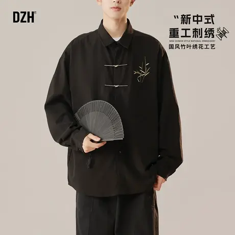 男士新中式国风竹子刺绣衬衫男翻领2025新款秋季唐装汉服上衣外套图片