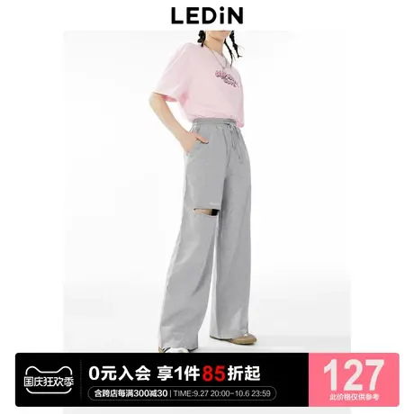 乐町破洞休闲裤女2023年夏季新款灰色显瘦遮肉运动裤直筒阔腿裤商品大图
