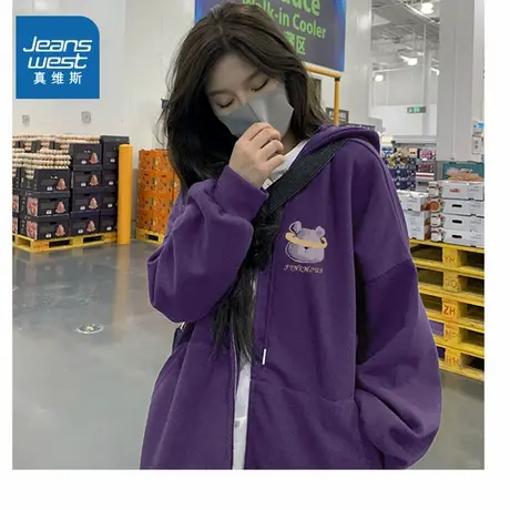 G2真维斯女装上衣2025秋季新款时尚印花宽松开衫连帽卫衣外套商品大图