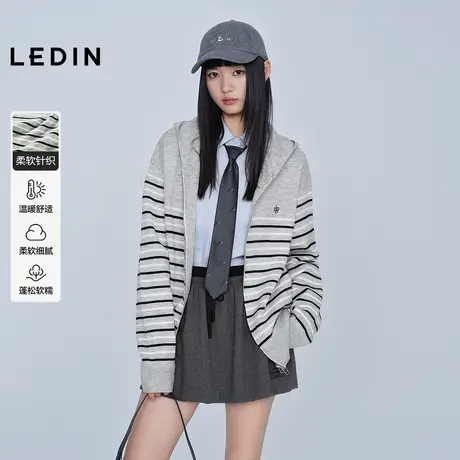 【商场同款】乐町撞色条纹针织开衫冬新款连帽宽松外套C2EDF4271商品大图