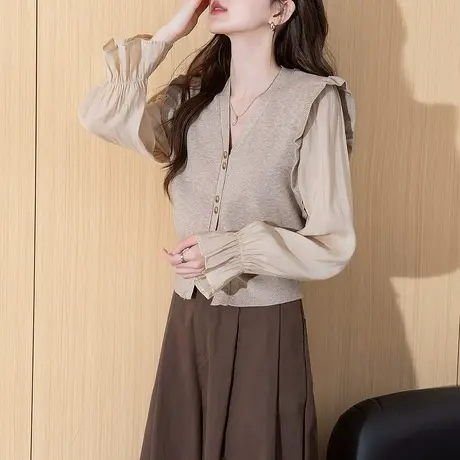 唐狮秋冬新款女毛衣温柔风拼接设计开衫高级感时尚超好看tu商品大图