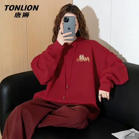 唐狮官方红色连帽卫衣外套女春秋款2026新款本命年马年新年战袍VB图片