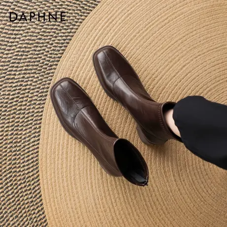 达芙妮粗跟短靴女2026新款冬季加绒方头瘦瘦靴子美拉德复古马丁靴商品大图