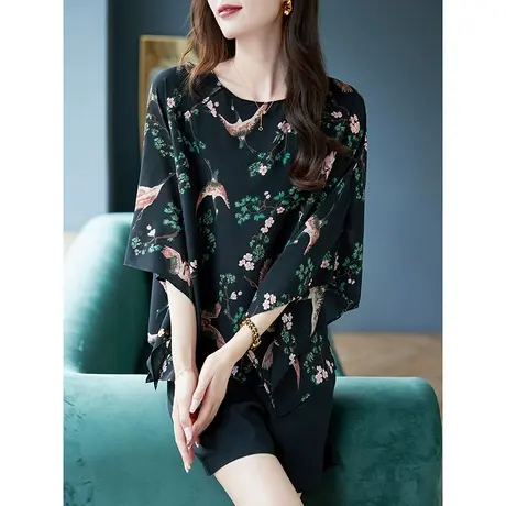 宝诗黎圆领蝙蝠袖印花雪纺衫七分袖大码宽松套头衬衣2023夏季新款商品大图