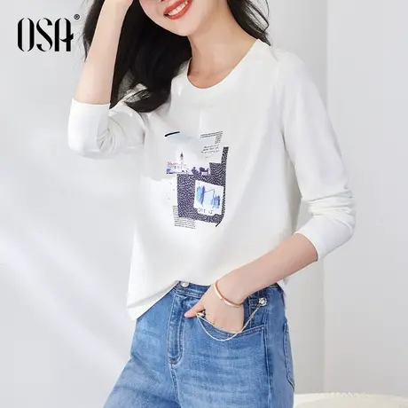 OSA欧莎春装2023新款宽松白色长袖t恤女士洋气体恤打底衫内搭上衣商品大图
