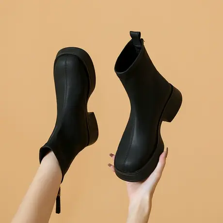 粗跟马丁靴女2023年新款秋冬季时装靴后拉链气质短靴中筒瘦瘦靴女商品大图