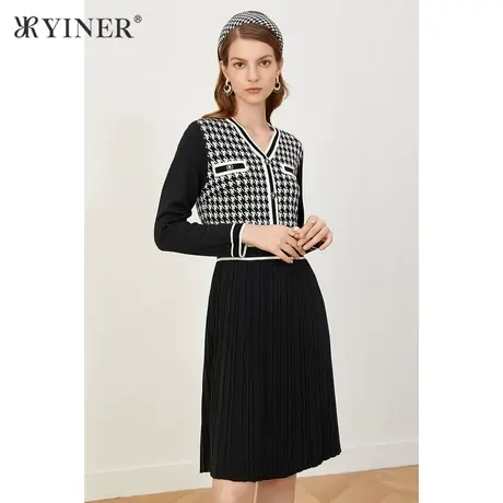 YINER音儿商场同款女装2021冬季新款V领千鸟格拼接针织连衣裙图片